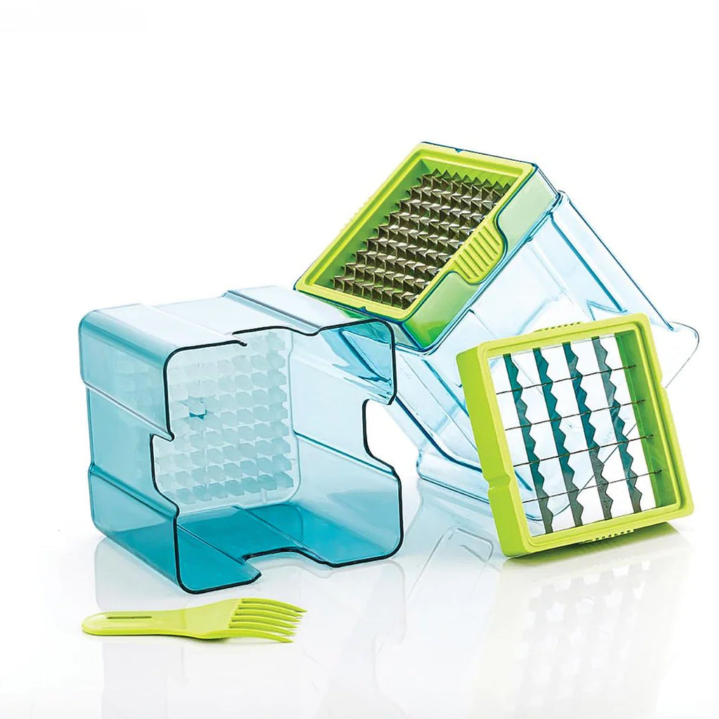 The potato chipper disassembled for easy cleaning, showing its simple components.