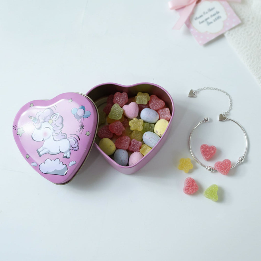 Close-up of heart shaped unicorn storage box with colorful design