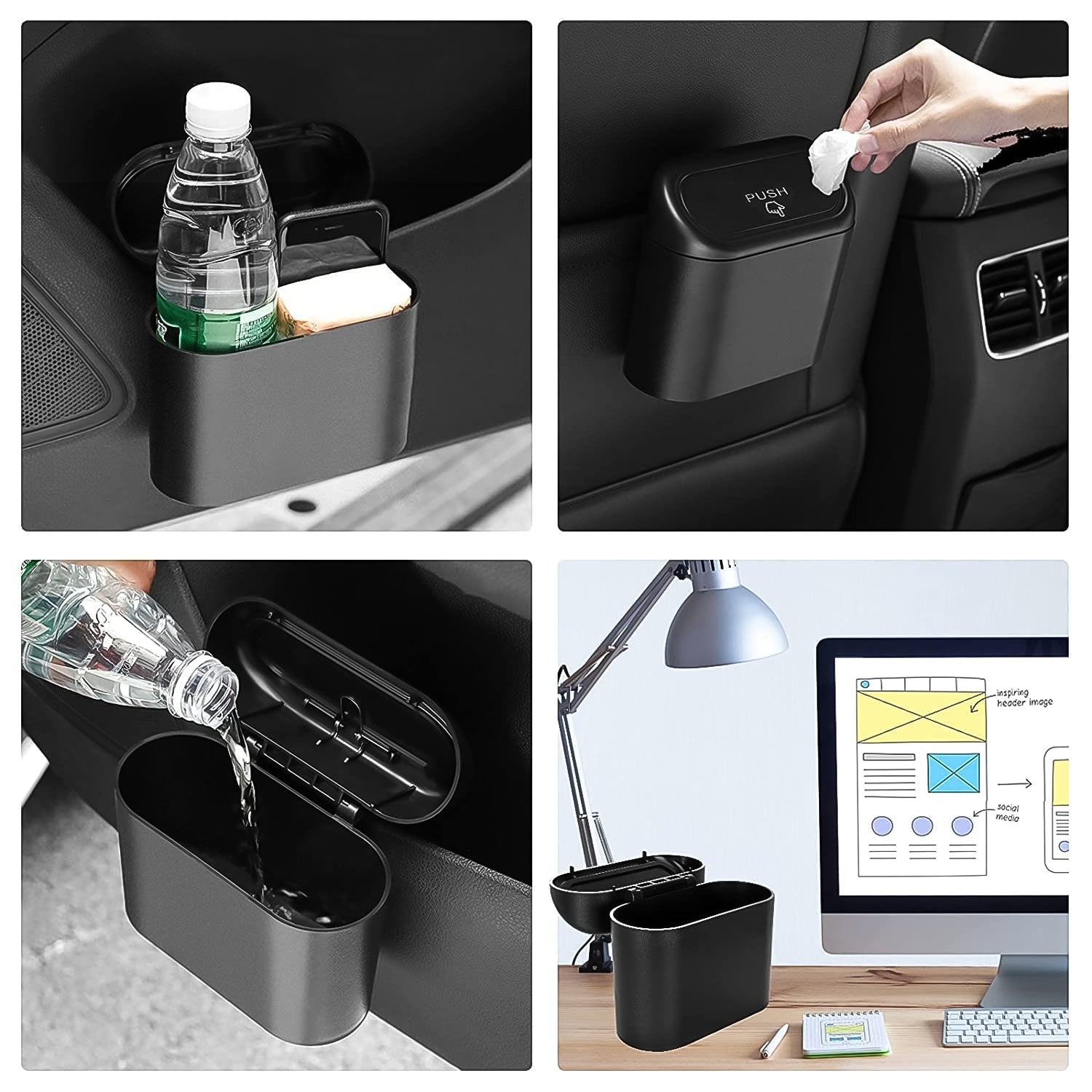 Small plastic trash container designed for car interiors