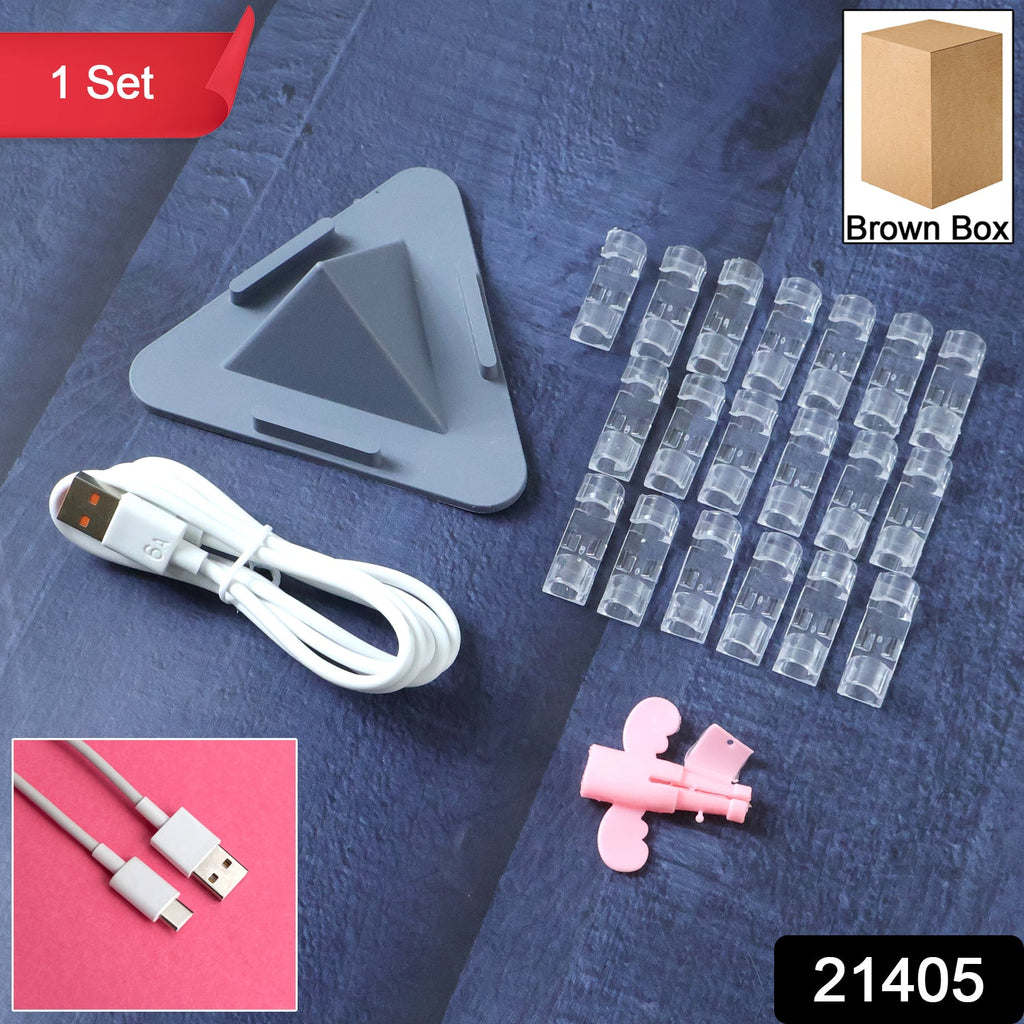 Mobile accessories combo set including phone stand and cable clips