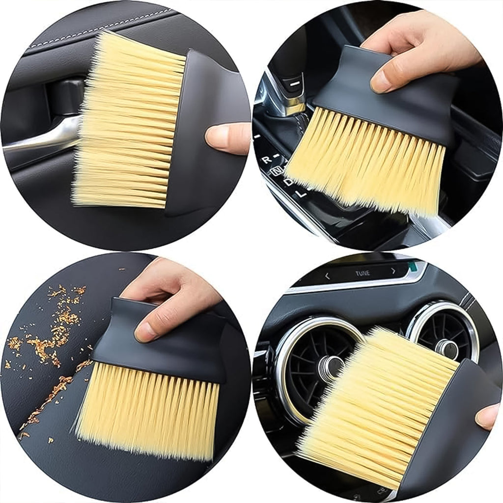 Car dashboard cleaning with the gentle multipurpose brush, ensuring a scratch-free finish.