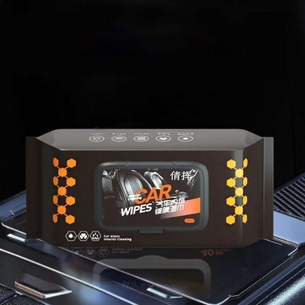 Car Cleaning Wipes pack on car dashboard, ready for use