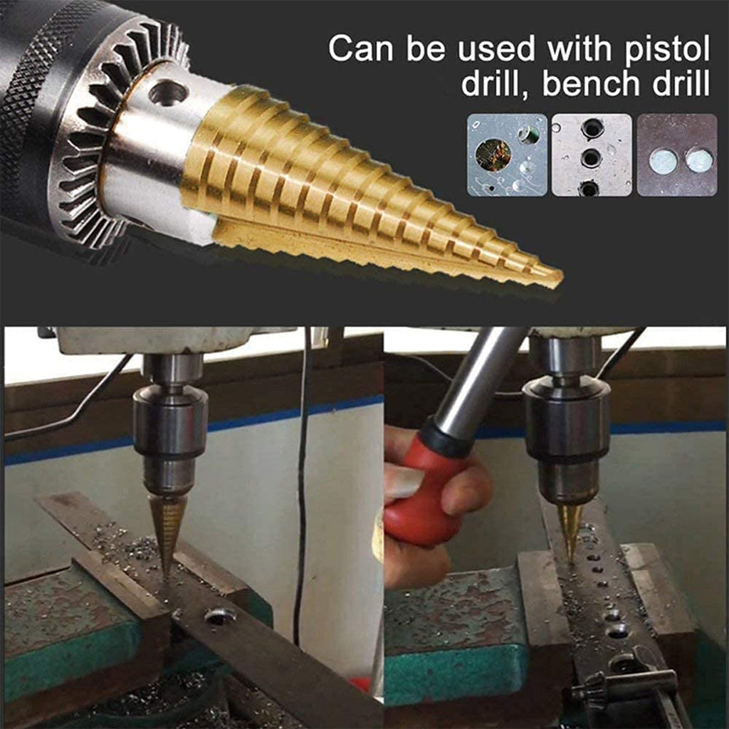 Angled view of a durable Step Drill Bit from Wagtail, ready for drilling metal and plastic.