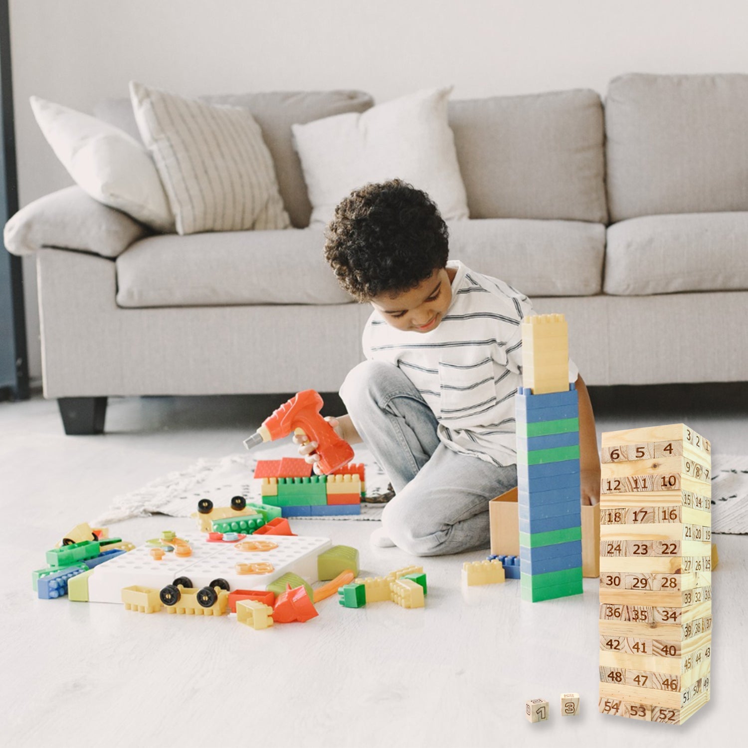 Wooden tumbling tower game set with numbered blocks and dice