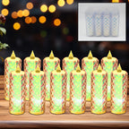 Warm yellow LED tealight candle flickering gently.