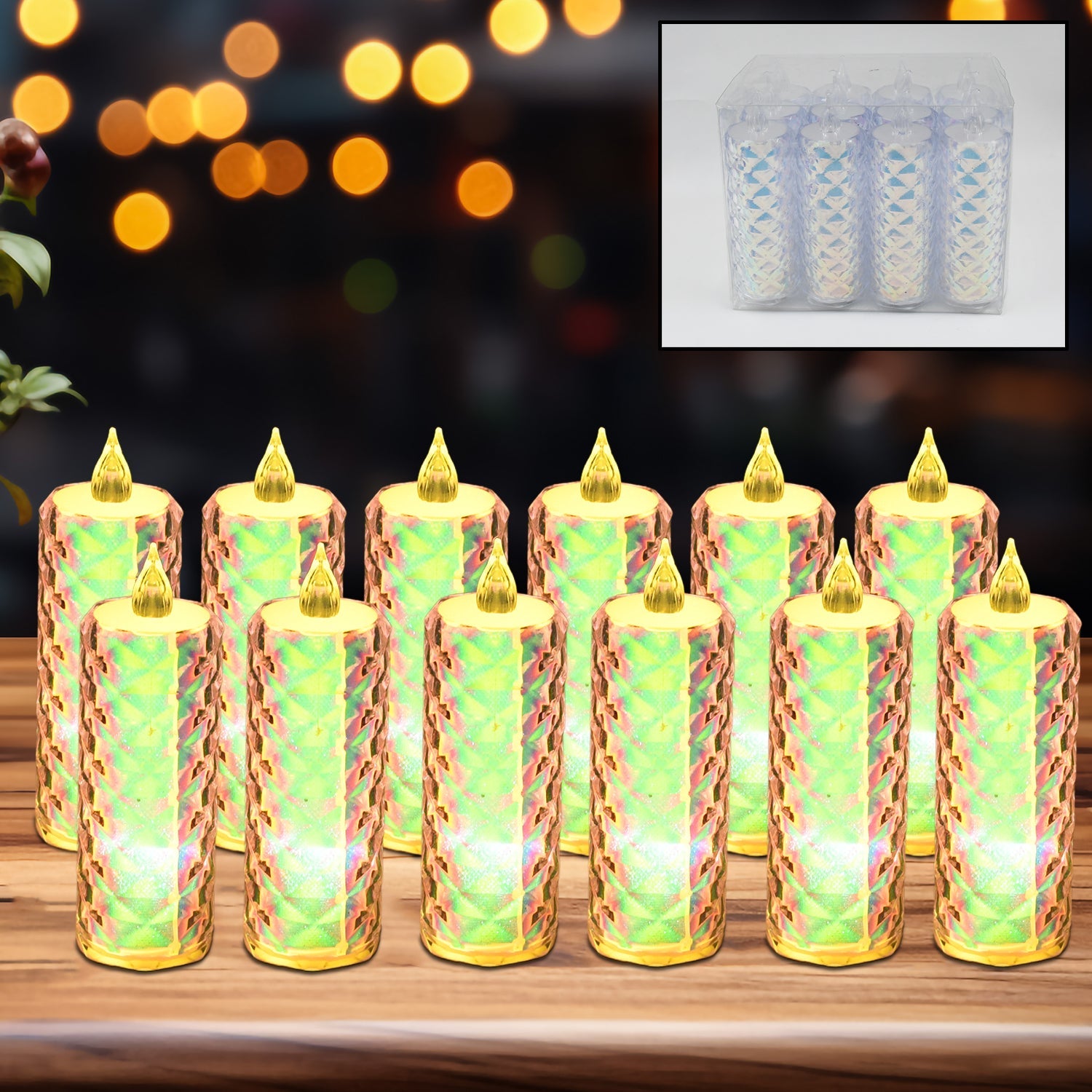 Warm yellow LED tealight candle flickering gently.