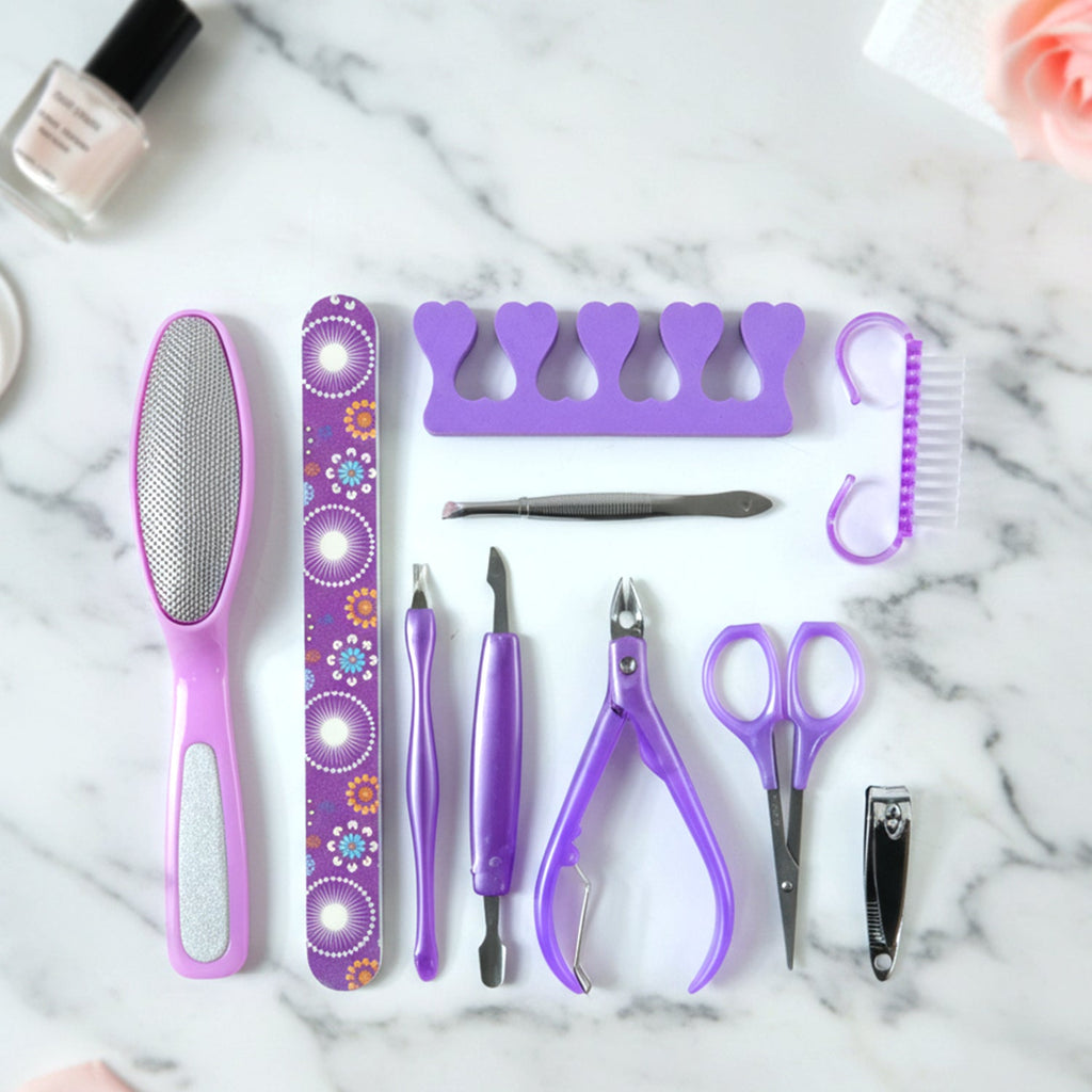Close-up of manicure and pedicure nail care kit tools for personal grooming