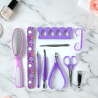 Close-up of manicure and pedicure nail care kit tools for personal grooming