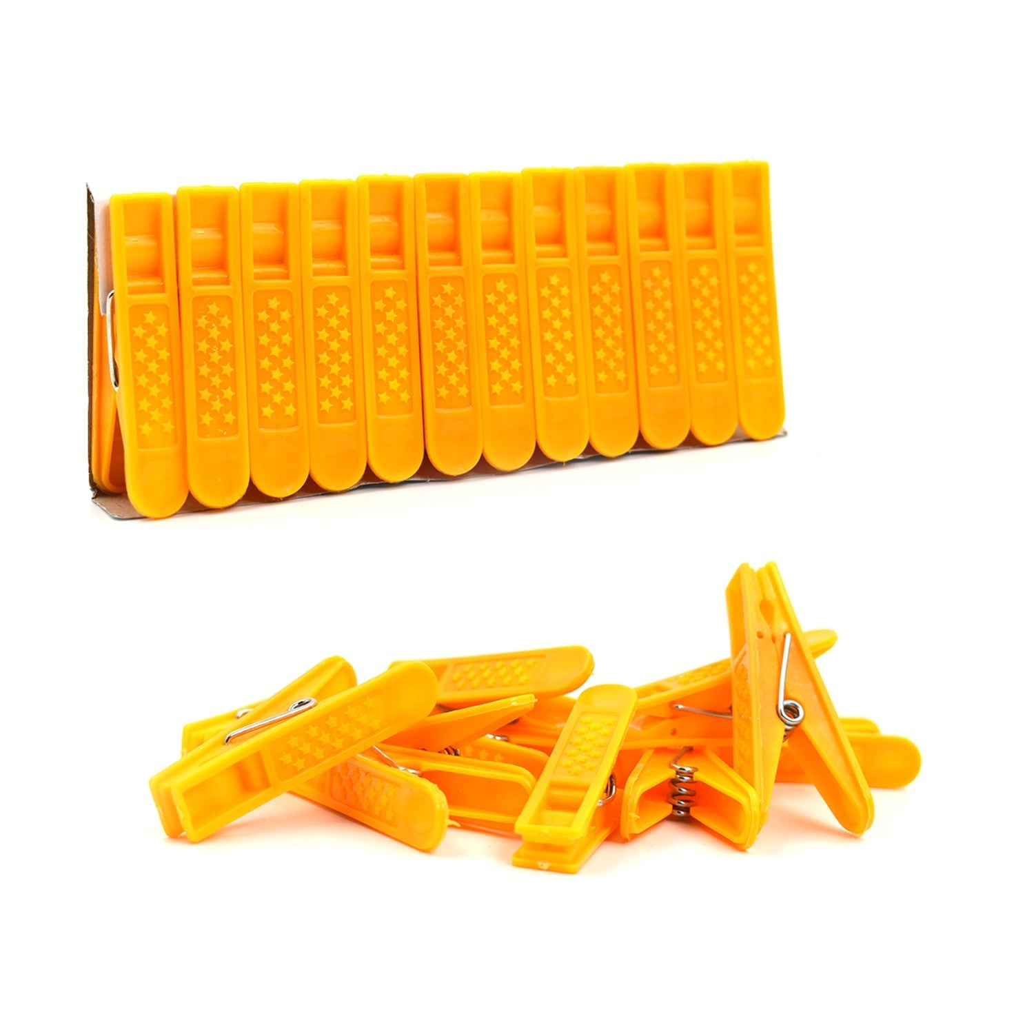 A pack of 12 durable cloth clips, ideal for laundry and household use.