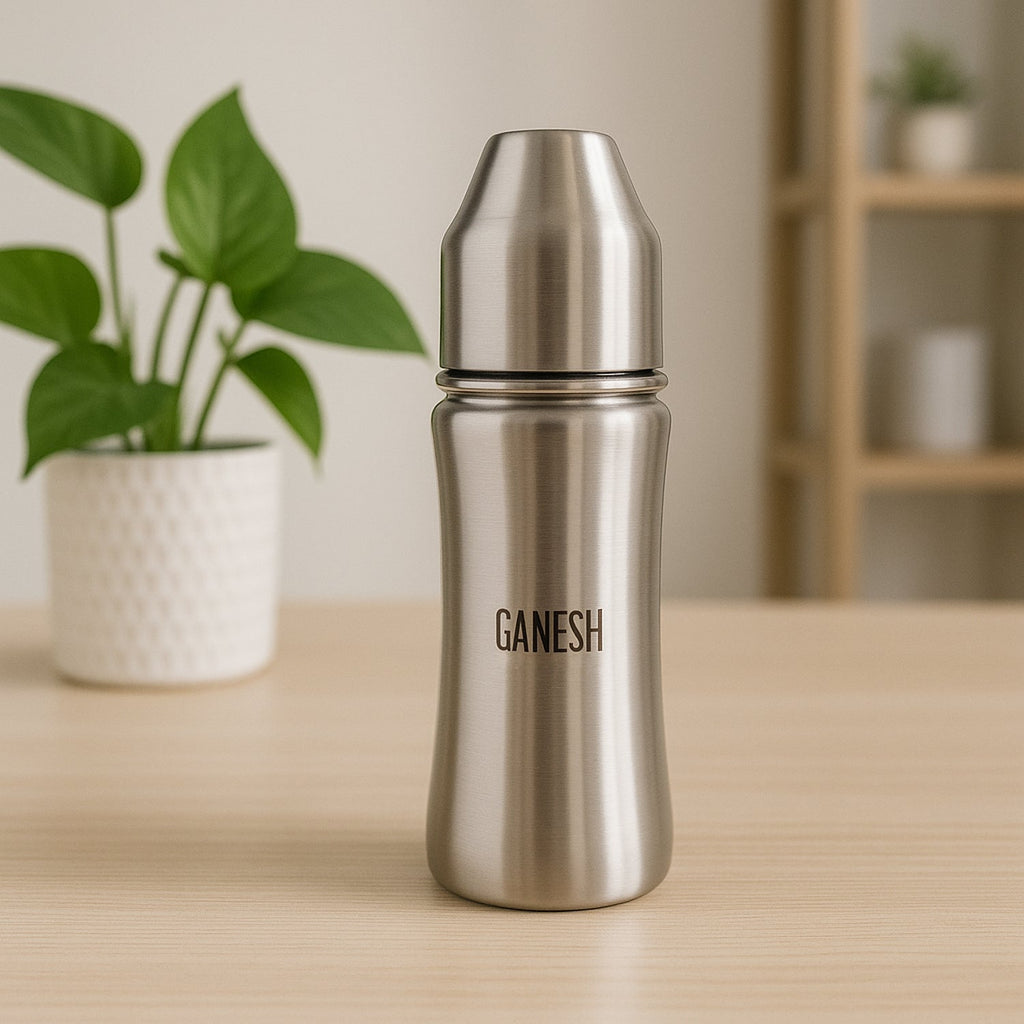 Ganesh 250ml stainless steel baby bottle with anti-colic nipple, ideal for infants.