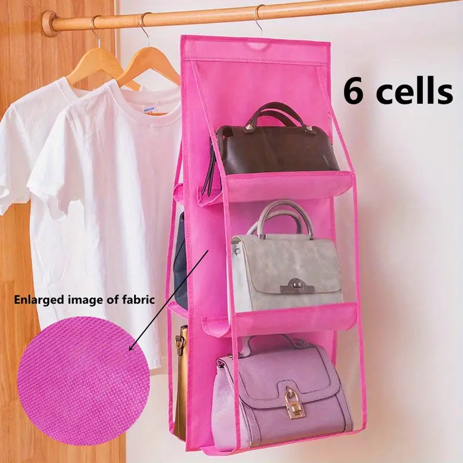 Another angle of the clear hanging purse organizer, emphasizing its neat storage.