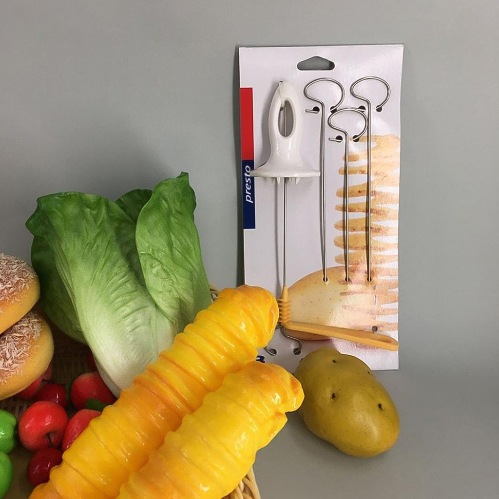 Side view of the manual potato spiral cutter on a white surface.
