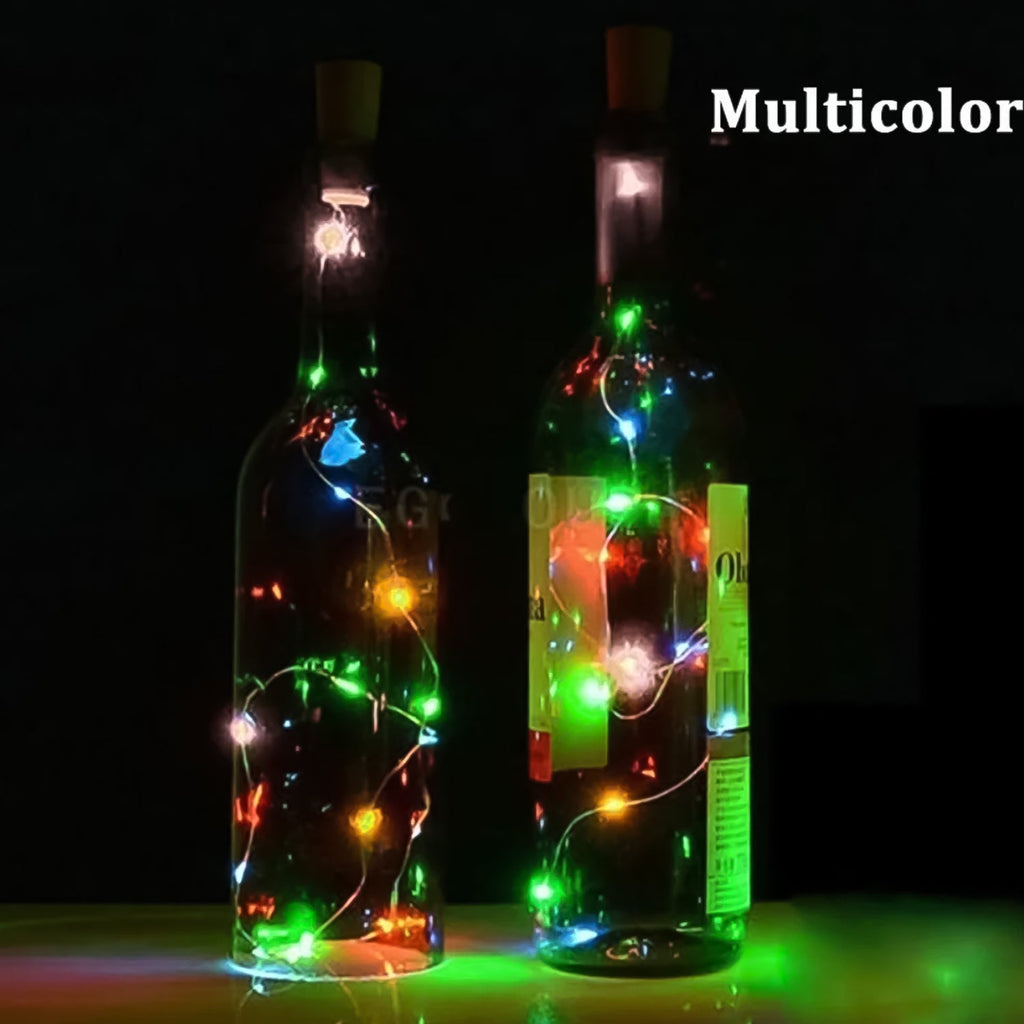 A single bottle cork light glowing brightly with various colors, ready for DIY bottle decor.