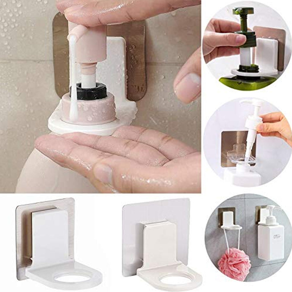 White adhesive hook supporting shampoo and body wash bottles in a modern bathroom.