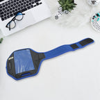 Detailed view of the running armband's adjustable strap and comfortable fit for various arm sizes.