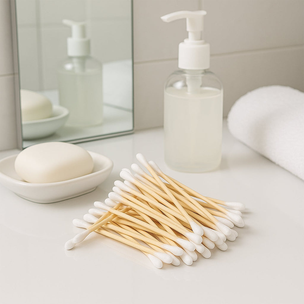 Wooden cotton buds neatly packed in a resealable pouch for easy storage
