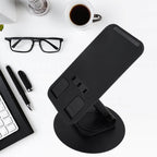 The foldable phone holder extended, demonstrating its height adjustment capabilities for comfortable viewing.