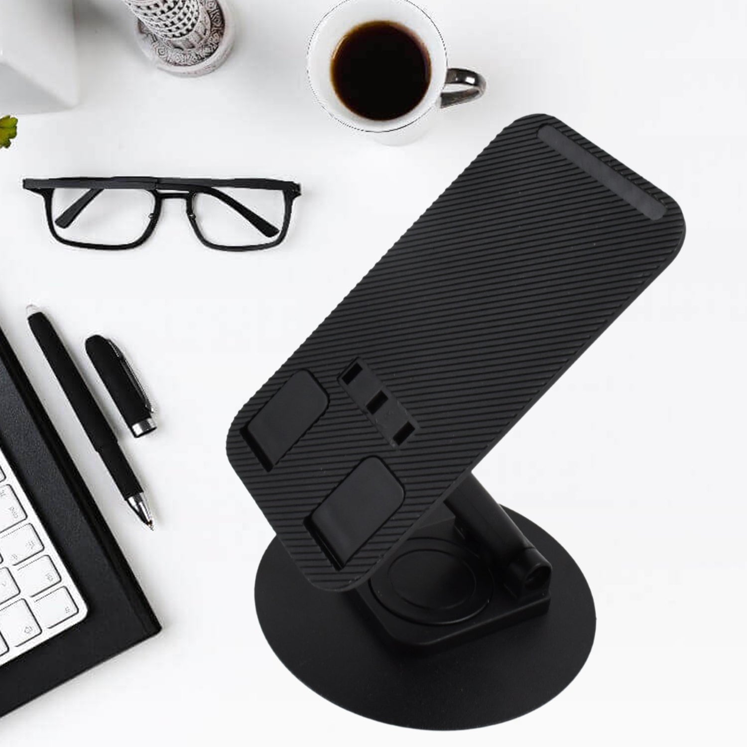 The foldable phone holder extended, demonstrating its height adjustment capabilities for comfortable viewing.