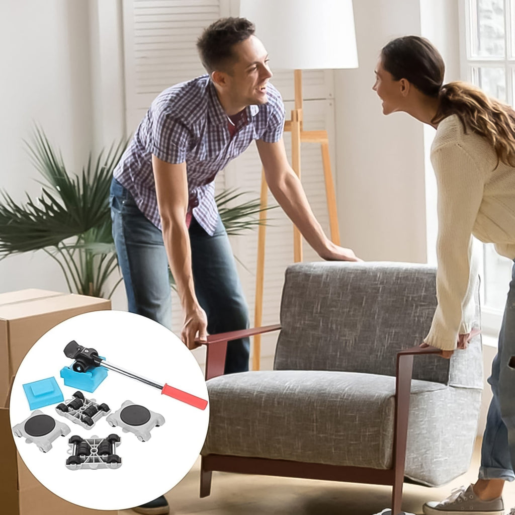 Protective furniture slides kit preventing floor scratches during movement.
