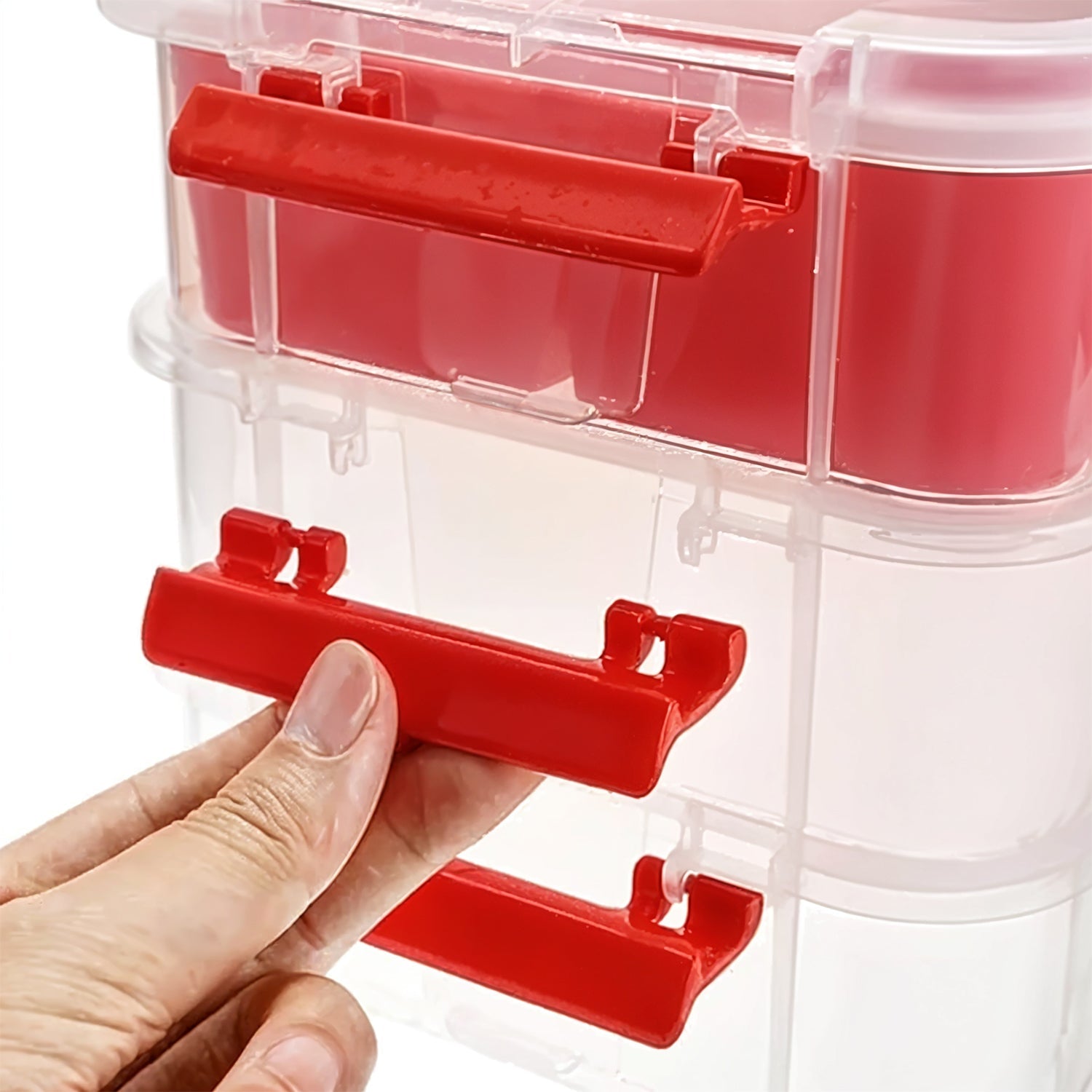 Ergonomic handle of transparent 3-layer storage box for comfortable carrying