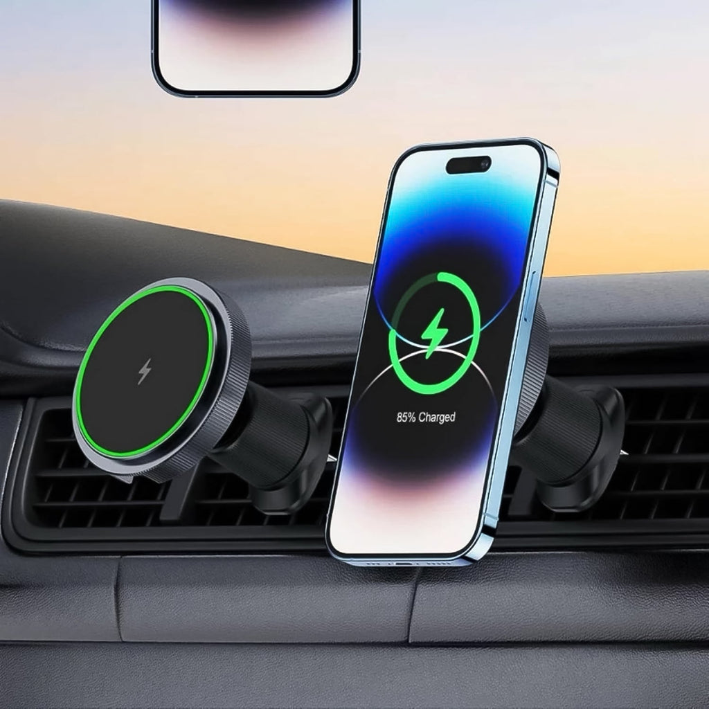 Magnetic phone holder with wireless charging function installed on a car dashboard.