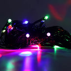 Vibrant LED string lights adding a festive glow to a Diwali celebration display.