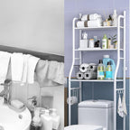 Multi-layer over toilet storage rack in a modern bathroom, showcasing its space-saving design.