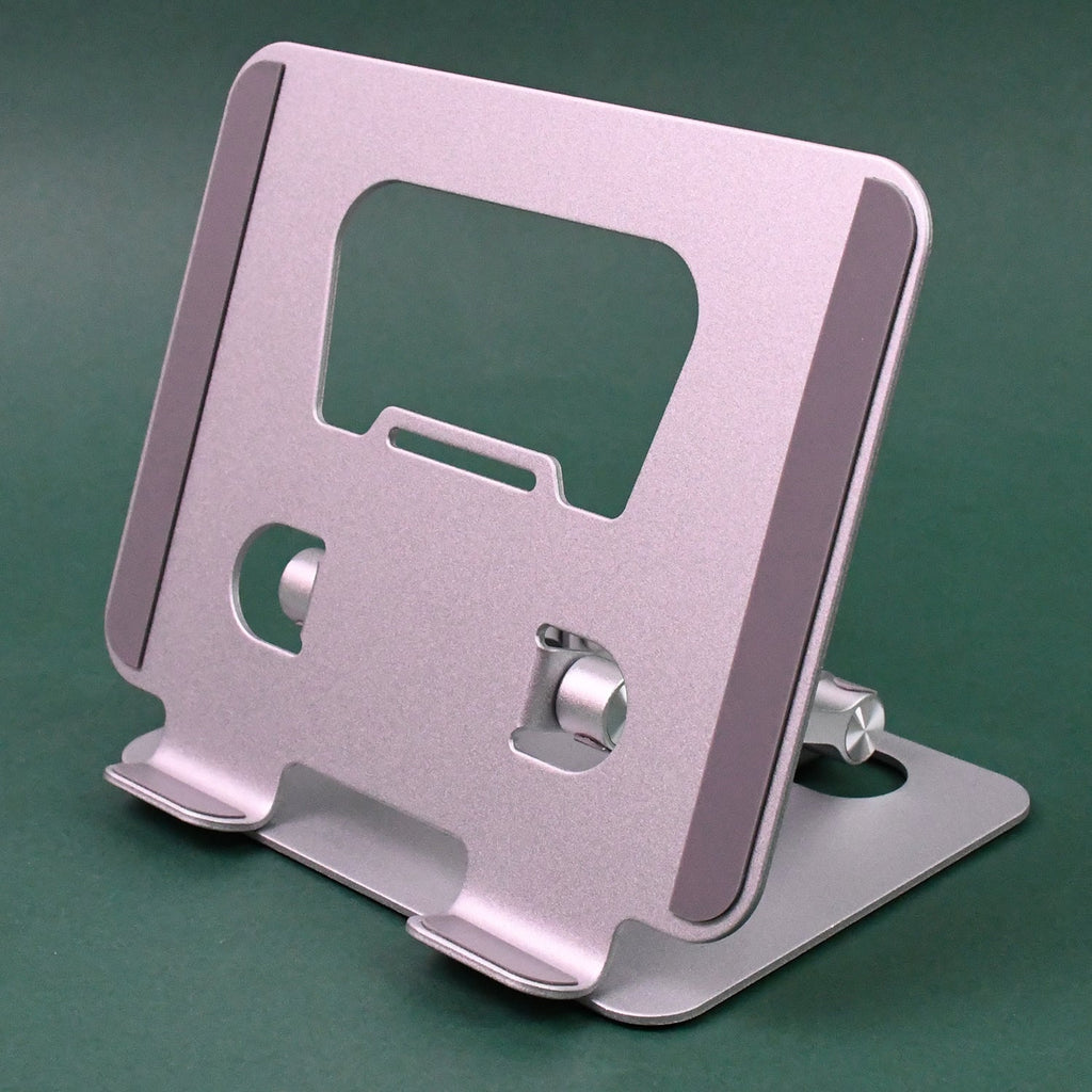 Close-up of the foldable tablet stand's sturdy base and anti-slip pads.