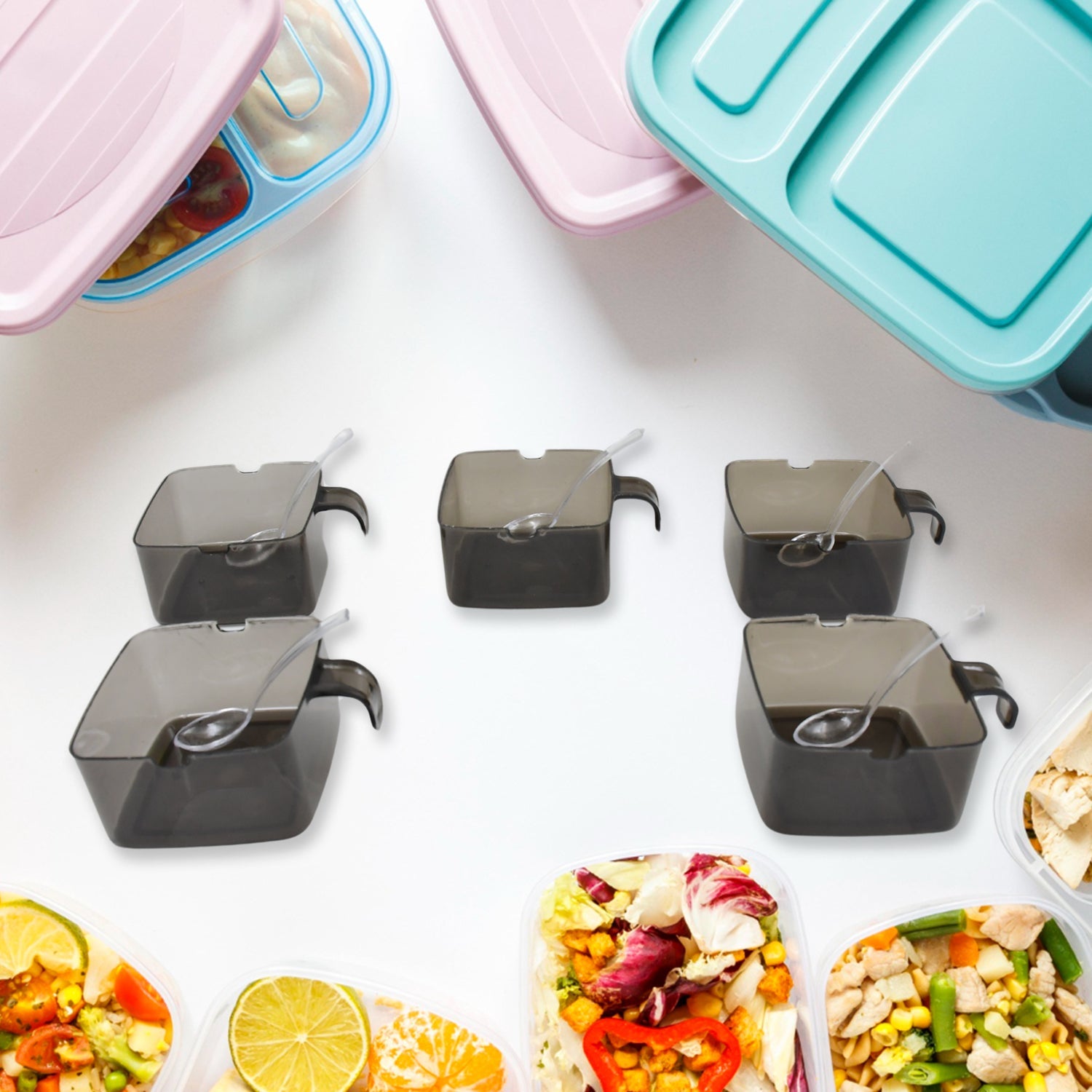 Transparent rotating spice jars rack, highlighting easy visibility of contents.
