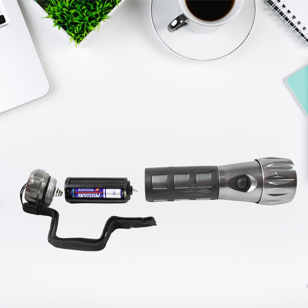 Close-up of the comfortable rubber grip on the LED flashlight.