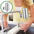 Detailed view highlighting the durable, food-grade 304 stainless steel construction of the water filter housing.