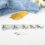 Polished stainless steel 5-hook rack holding towels and kitchen utensils