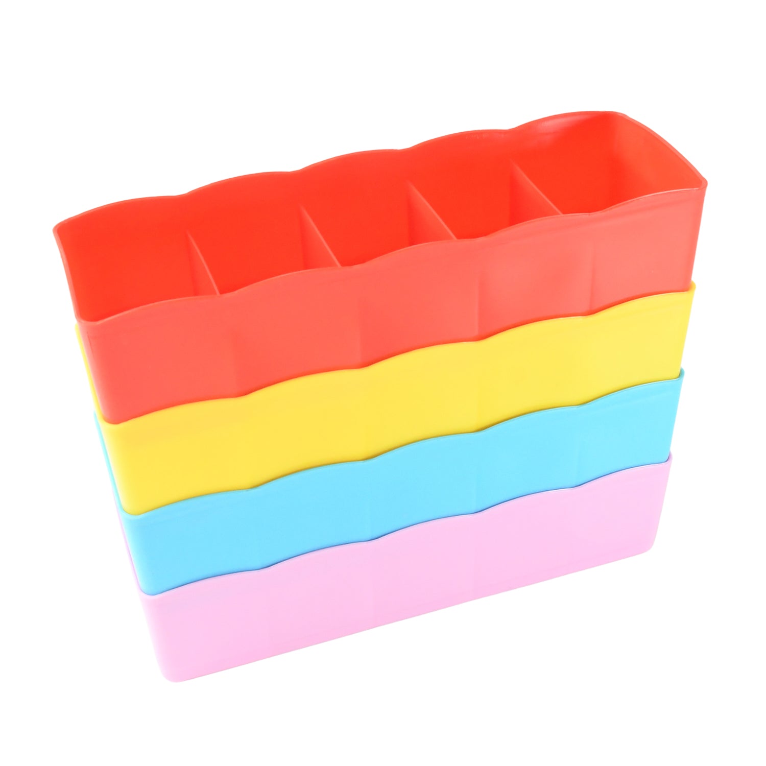 Top-down view of the multi-functional 5 grid compartment storage boxes, ready for organisation.