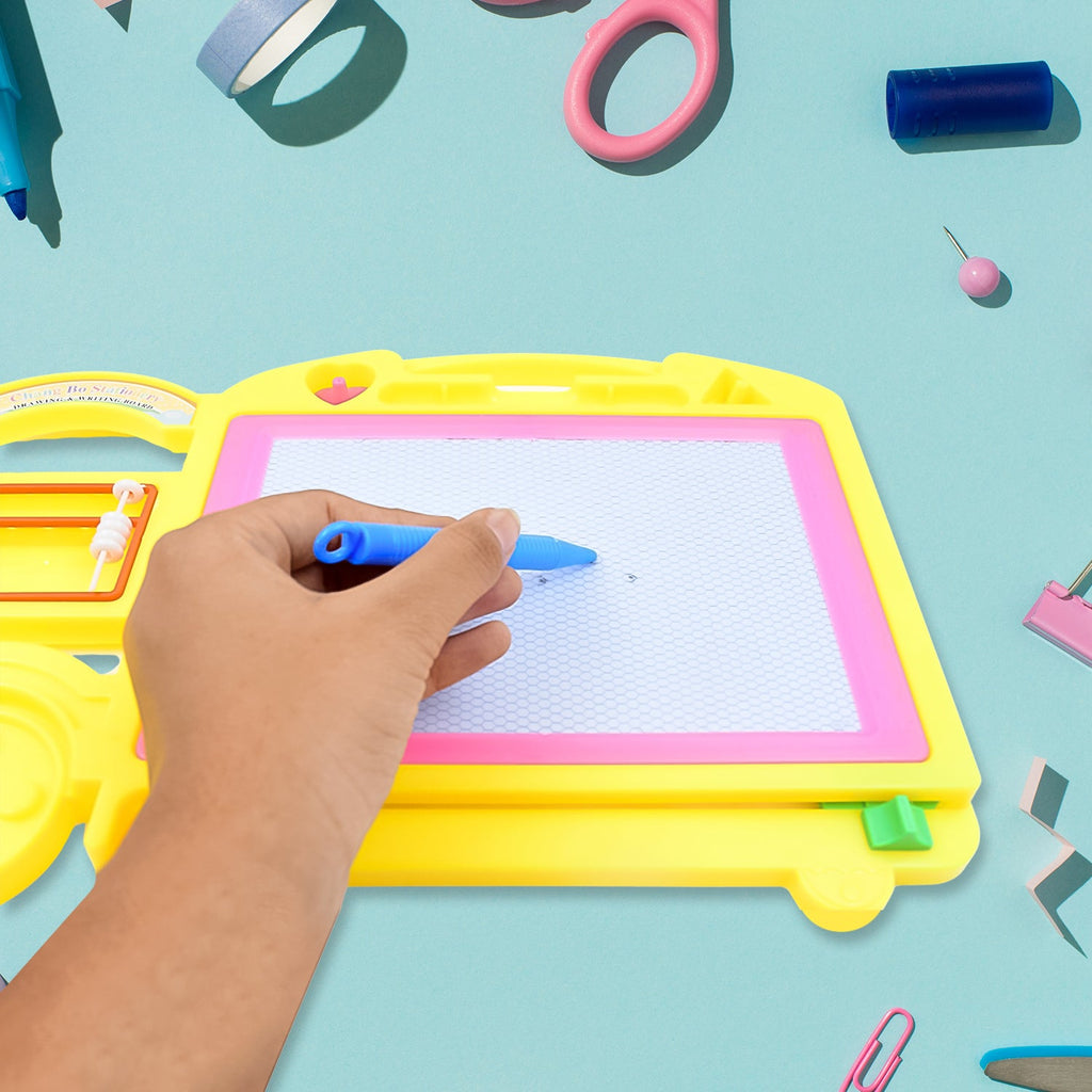 Front view of the vibrant bus-shaped erasable writing board for children.