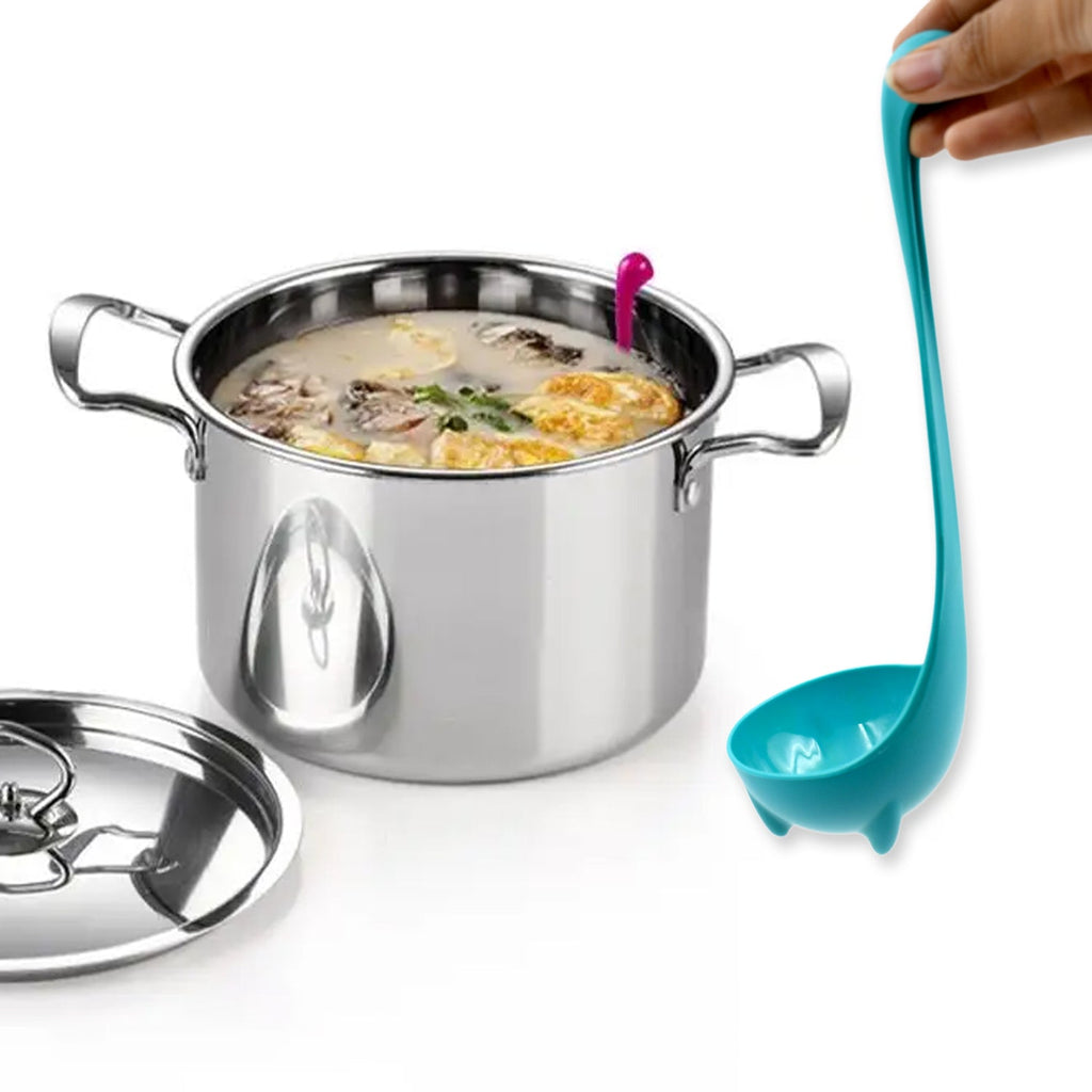 Convenient silicone strainer spoon hanging by its integrated loop for easy storage.
