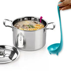 Convenient silicone strainer spoon hanging by its integrated loop for easy storage.