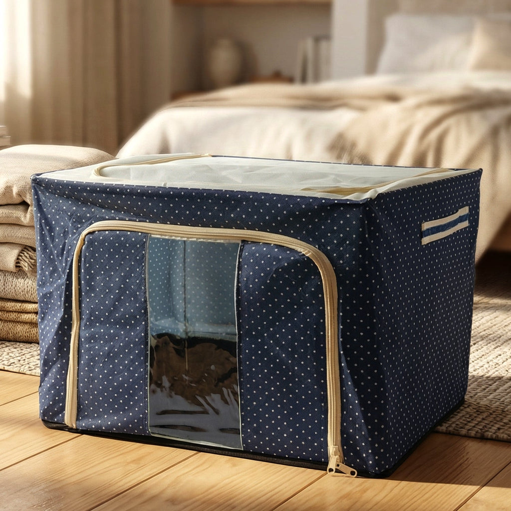 Collapsible fabric storage container for home use