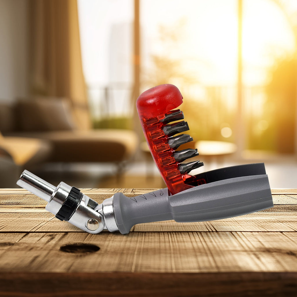 The complete Ratchet Screwdriver Set displaying the handle and 20 hardened S2 steel bits.