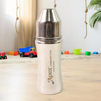 Ergonomic stainless steel baby bottle with leakproof screw-on lid and silicone nipple