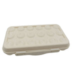 Transparent 18-grid egg storage box with a secure buckle closure.