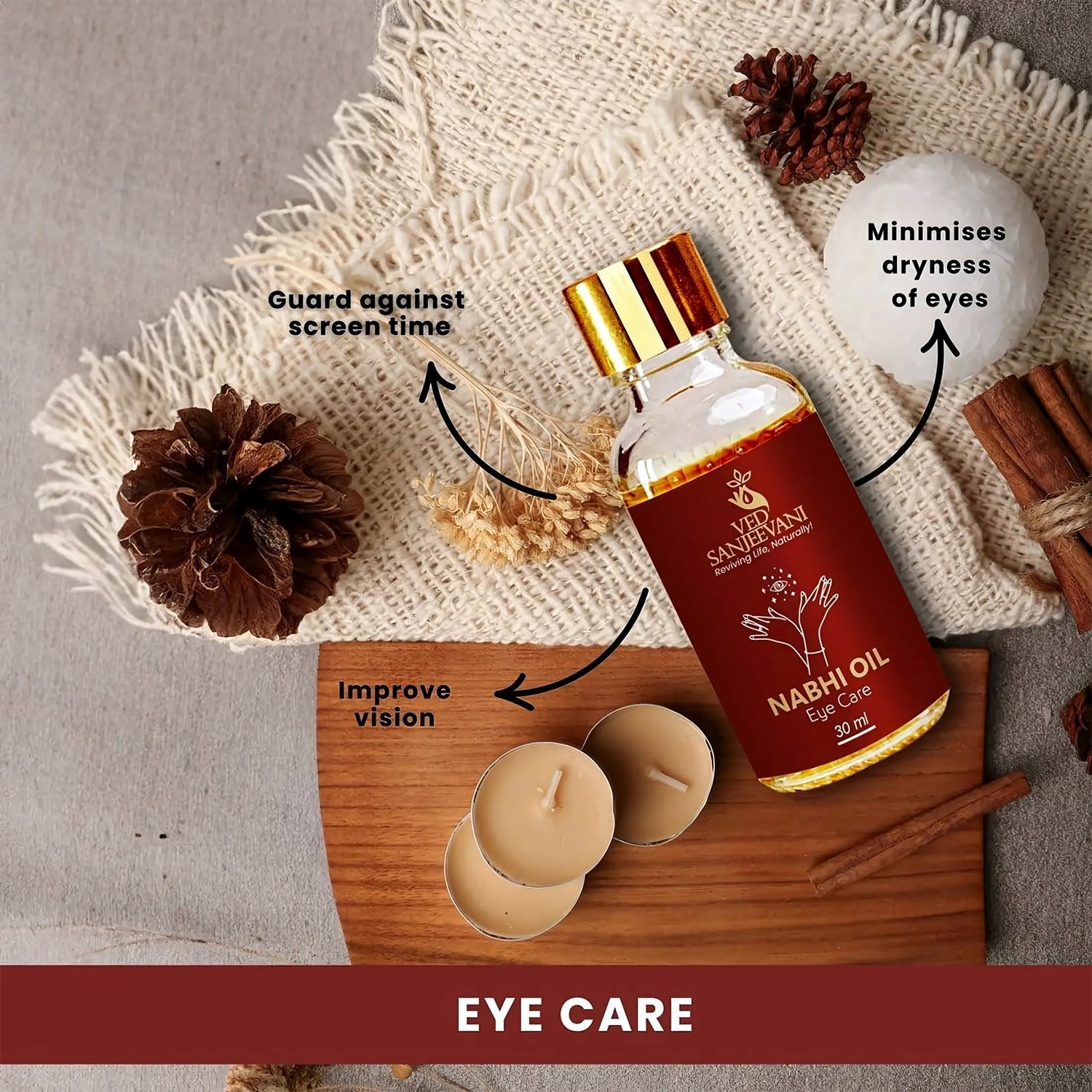 Close-up of Nabhi Oil bottle for eye care and vision support