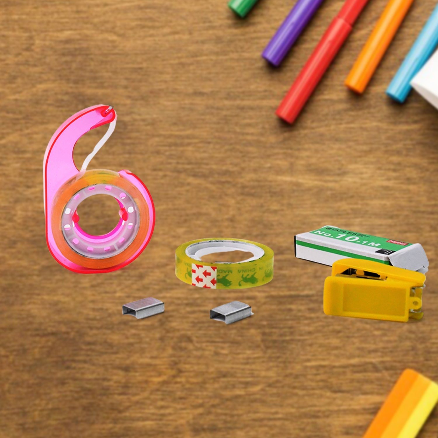 Reliable metal staples and adhesive tape combo for office and school tasks