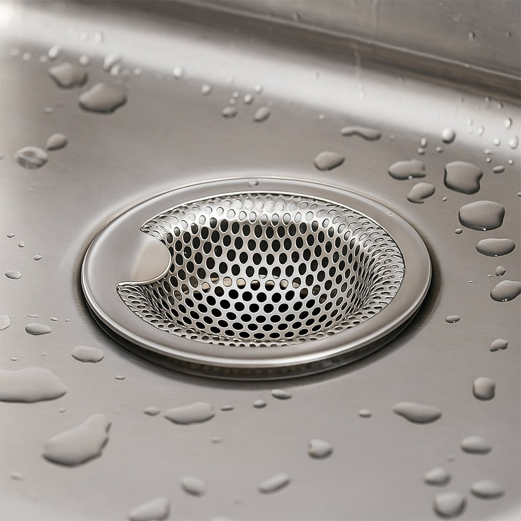 Stainless steel catcher strainer placed in kitchen sink drain opening