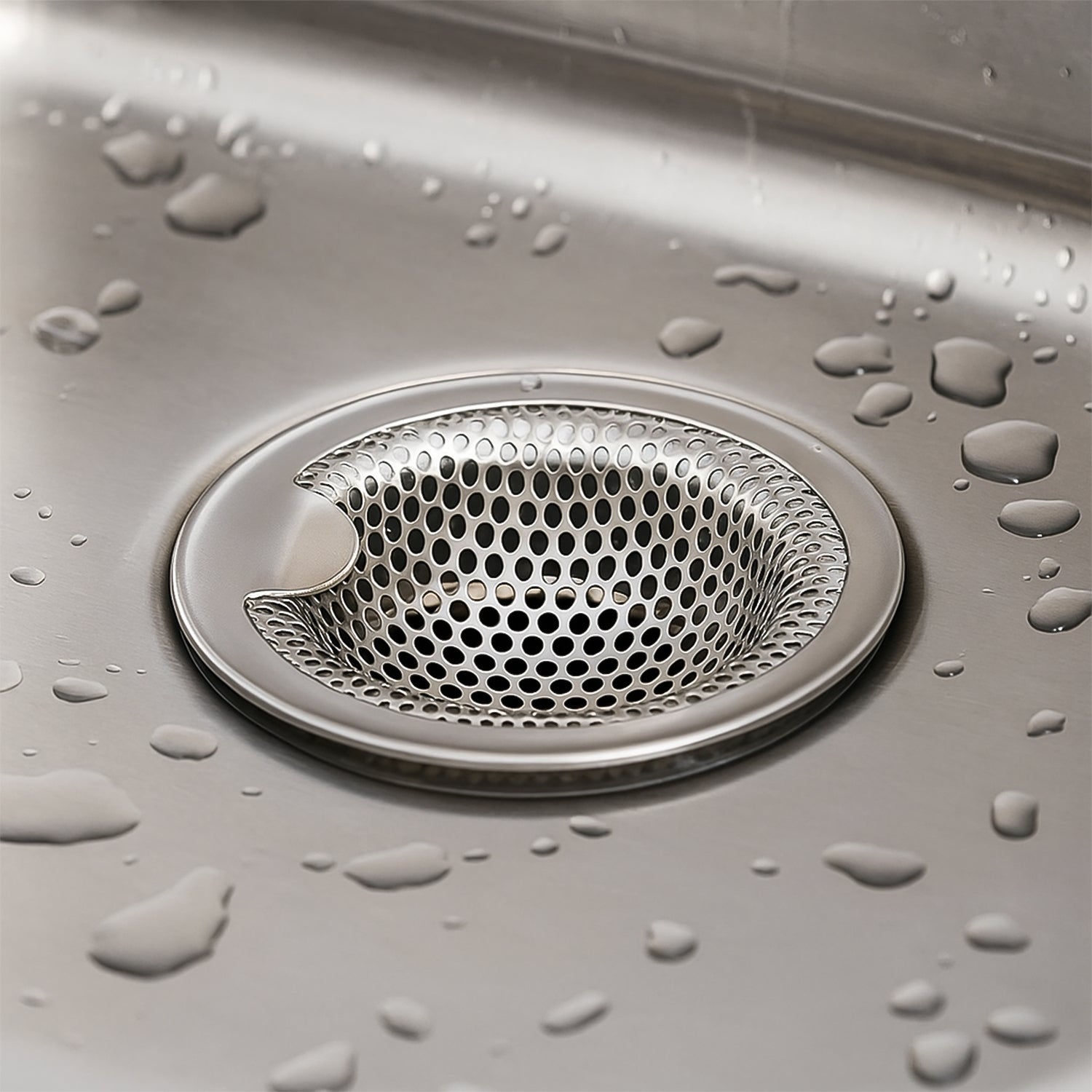 Stainless steel catcher strainer placed in kitchen sink drain opening