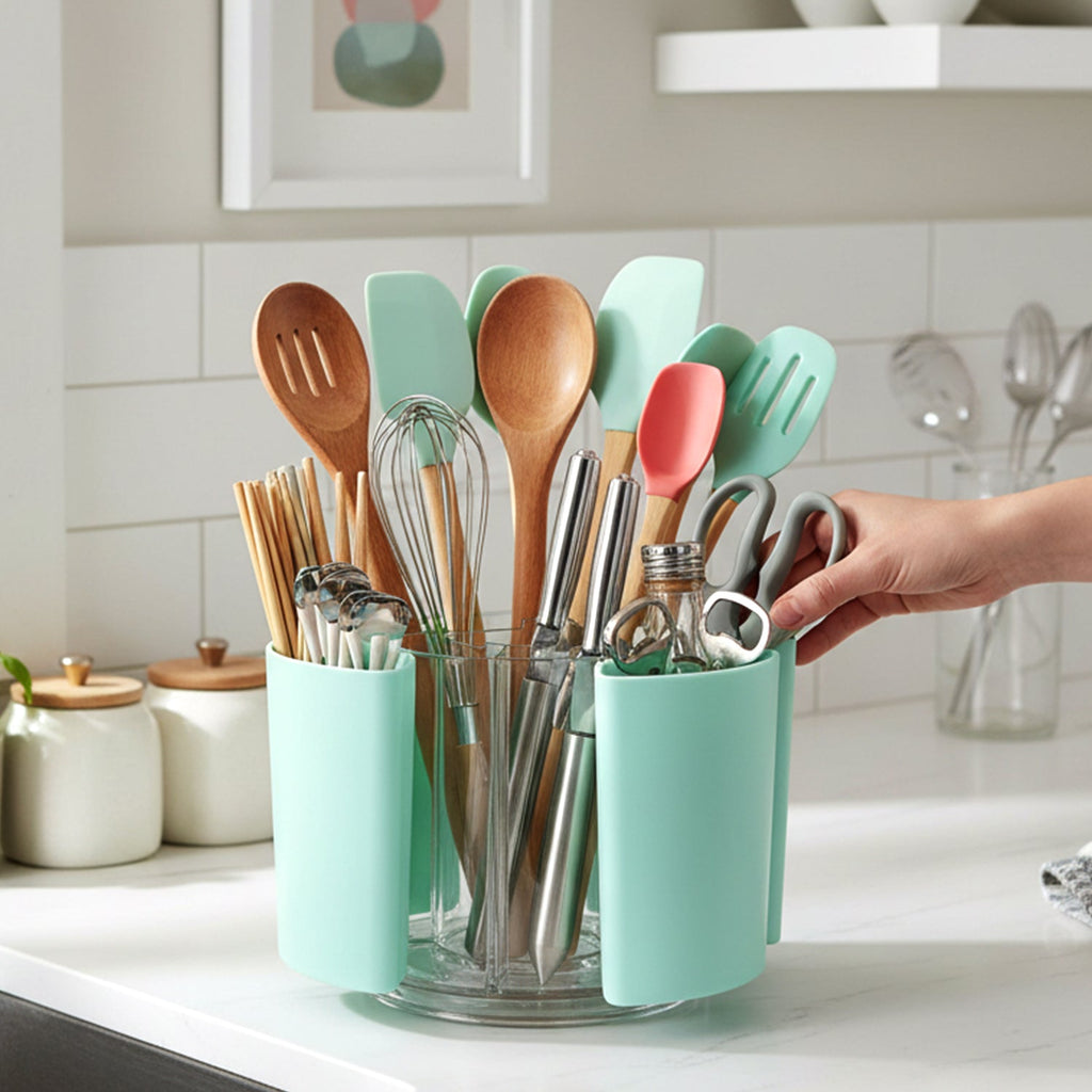 Rotating pen holder showcasing smooth rotation and multiple compartments