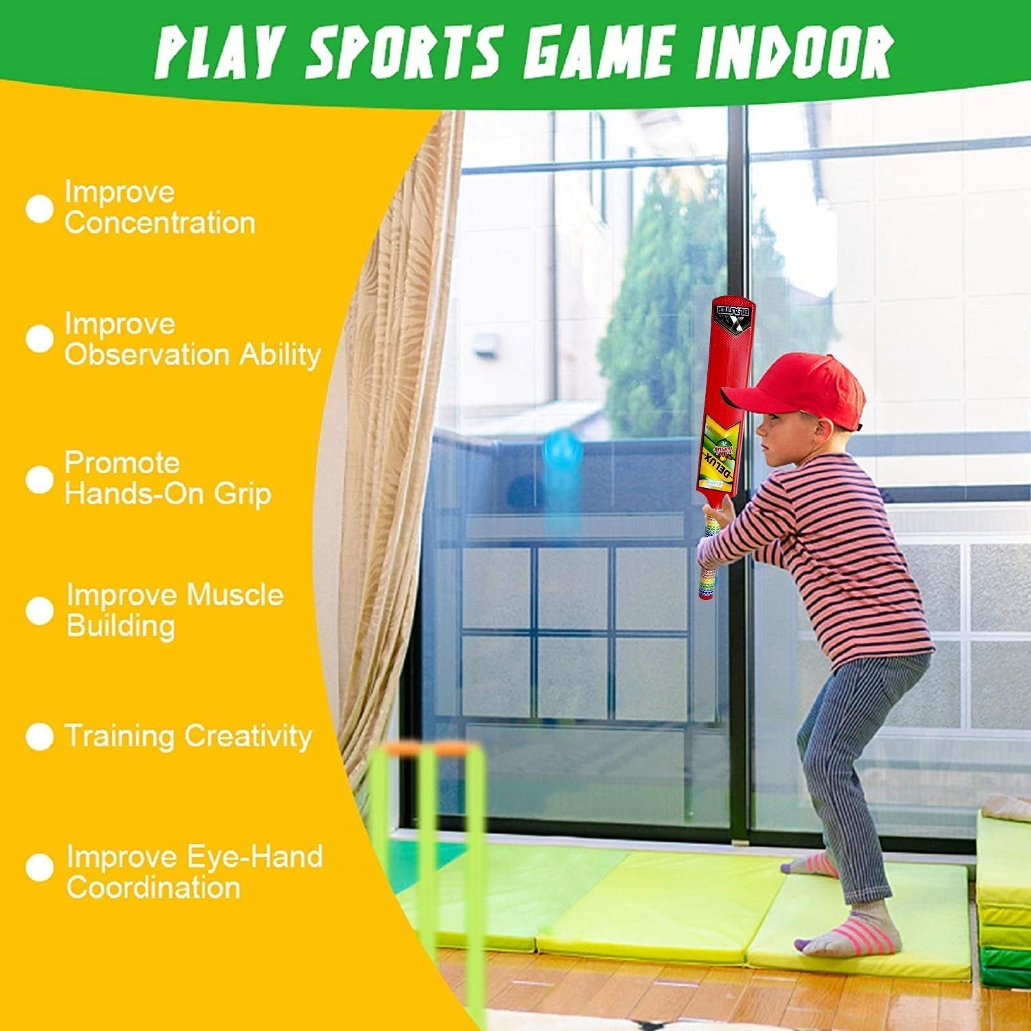 Close-up of the durable plastic cricket bat and ball for young players.
