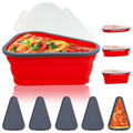 Expandable silicone pizza storage container with five individual pizza slices, ready for refrigeration.