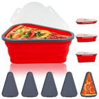 Expandable silicone pizza storage container with five individual pizza slices, ready for refrigeration.