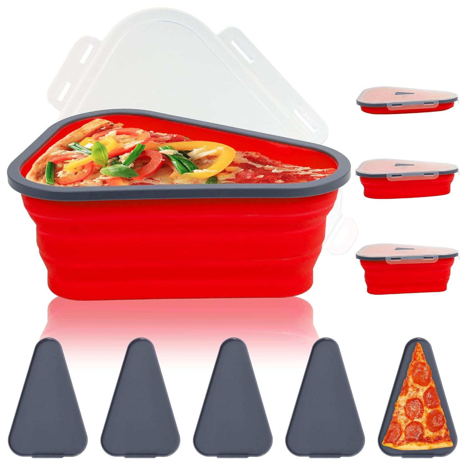 Expandable silicone pizza storage container with five individual pizza slices, ready for refrigeration.