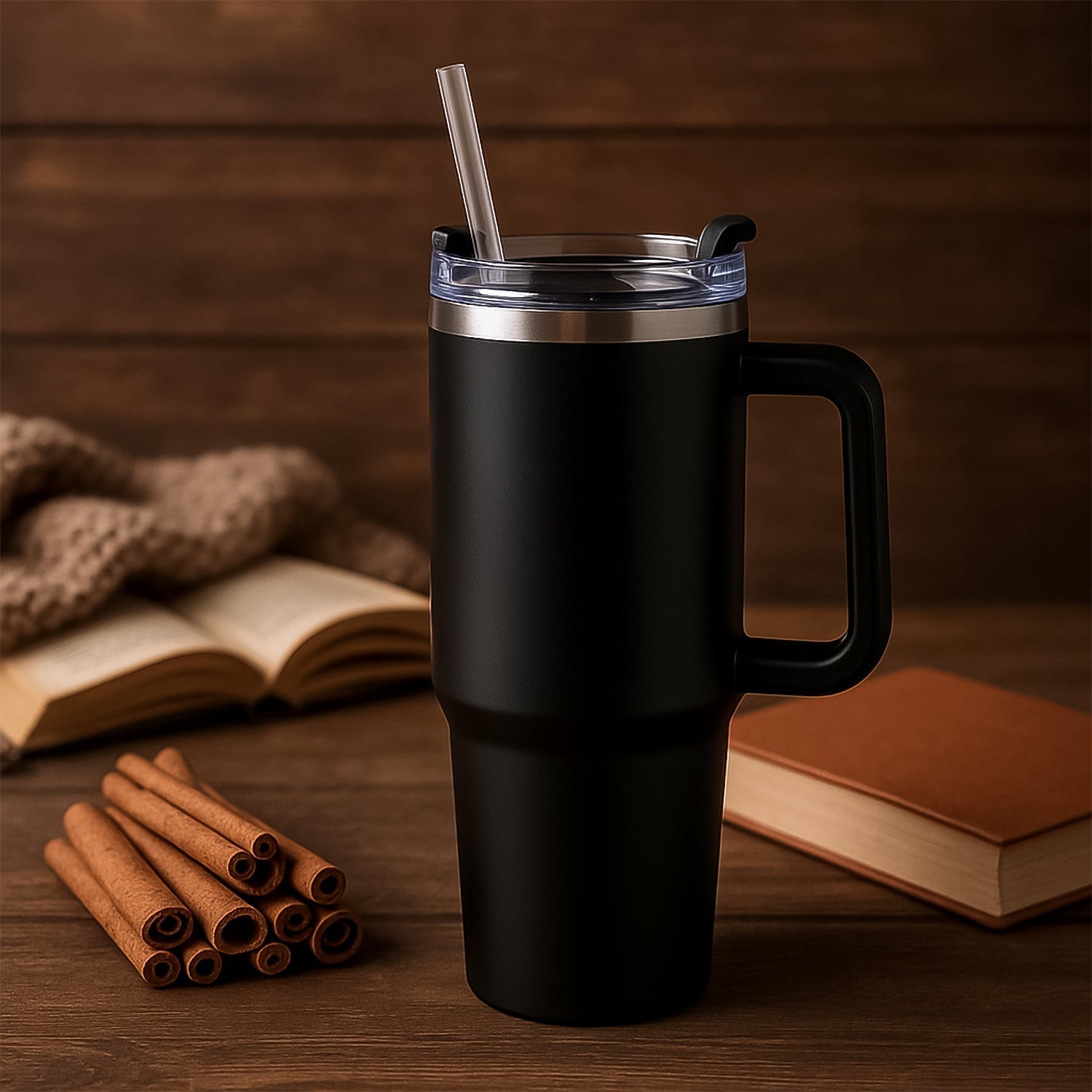 Travel mug standing upright showing the sturdy handle design